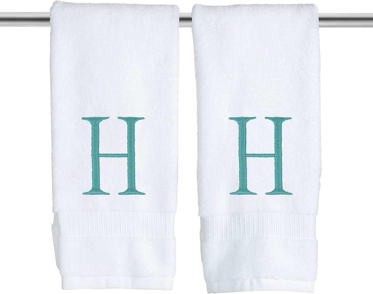 White and Teal Monogrammed Hand Towel - Monogram Initial Hotel Quality Decorative Embroidered Luxury Towel for Powder Room, Spa - GOTS Organic Certified - Set of 2 Letter H