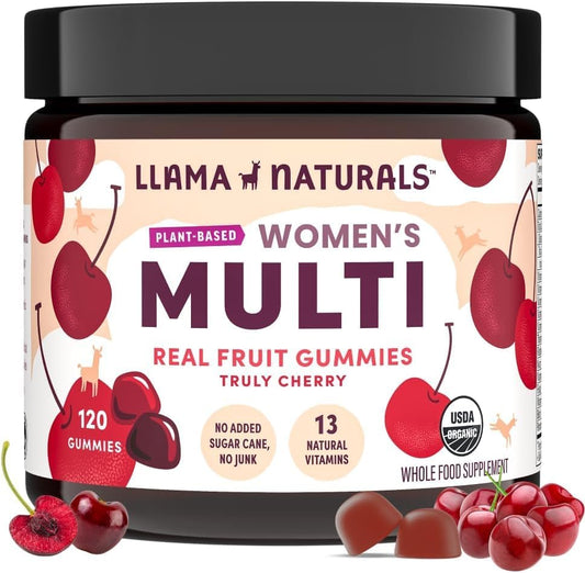 Llama Naturals Multivitamin for Women, Vegan, Organic Gummies with Vitamin D, C and K, Women's Real Fruit Gummy Vitamins, Chewable Multivitamin Supplement, No Added Sugar Cane, Cherry, 120 Ct