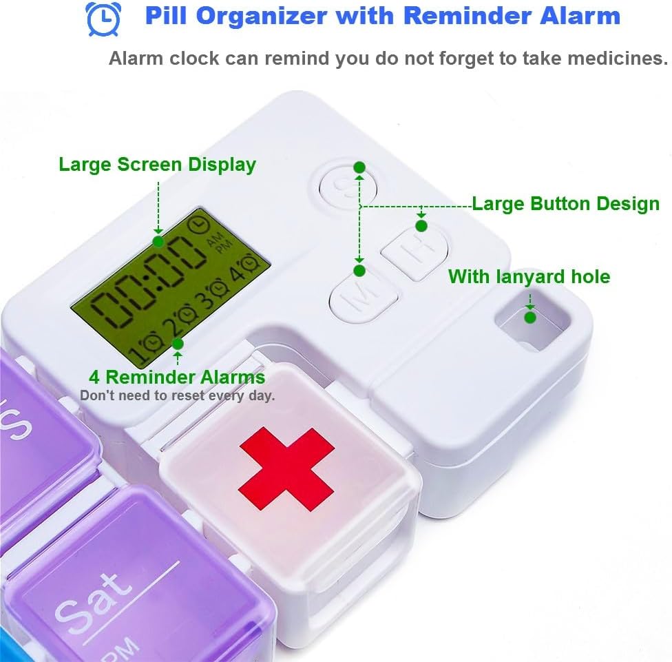 7 Day Medicine Pill Organizer, 4 Reminder Alarms, Loud Sound, 14 Large Compartments, Large Screen, Moisture-Proof, Travel Weekly/Daily Pill Box/Organizer/Case/Container/Dispenser, AM/PM 2 Times a Day