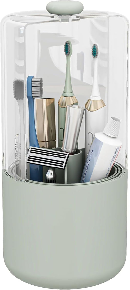 Toothbrush Holder with Cover 360 Rotating 4 Compartments Bathroom Toothpaste Electric Toothbrush Organizer, Light Green