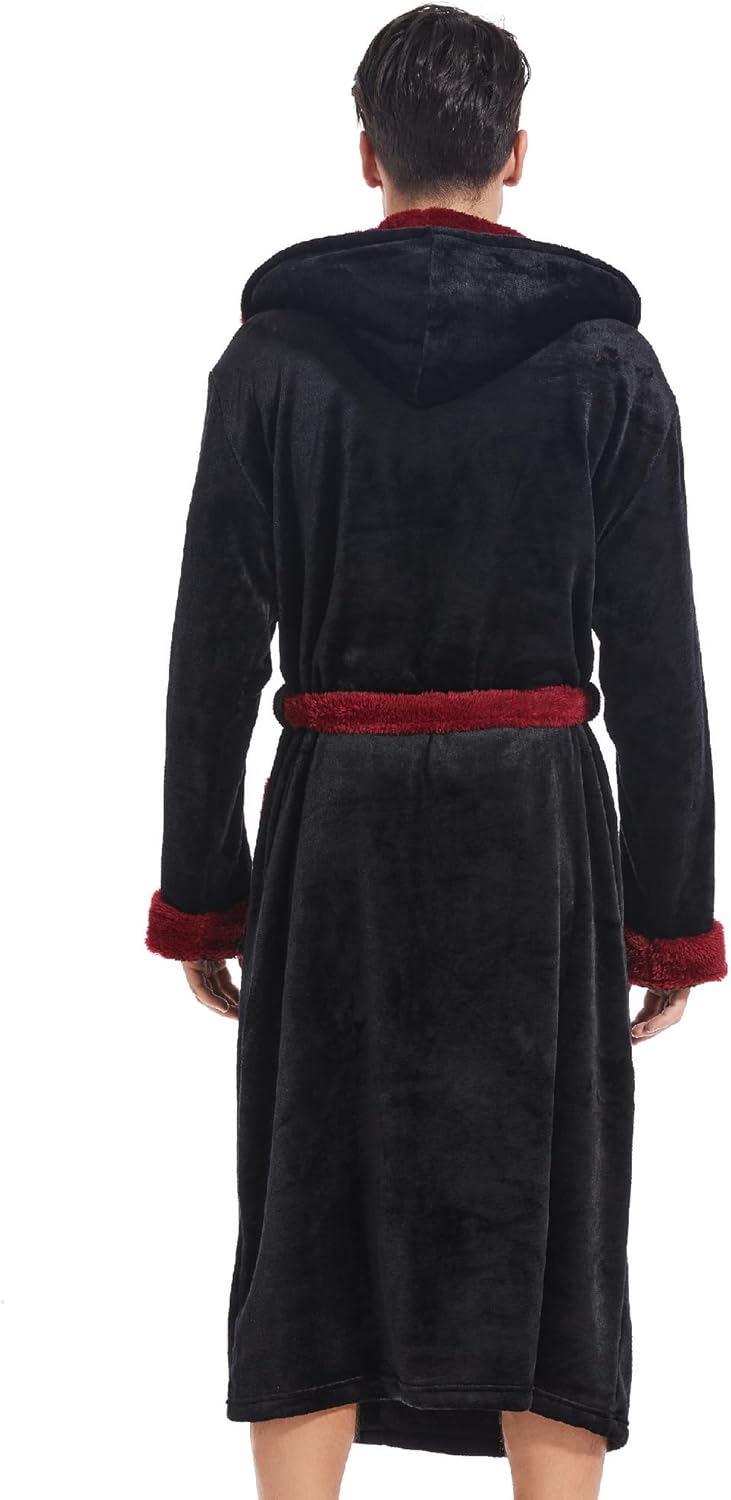 Inner Wish Mens Hooded Robe, Plush Long Bath robes Cozy Warm Bathrobe Fuzzy male Spa Robe With Pockets
