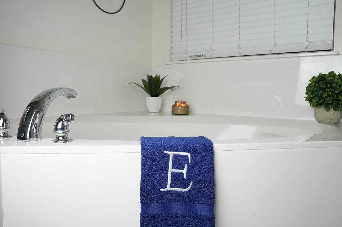 Navy Monogram Hand Towel for Bathroom - Monogrammed Initial Hotel Quality Decorative Embroidered Luxury Towel for Powder Room, Spa - GOTS Organic Certified - Set of 2 White Letter E