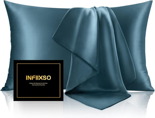 INFIIXSO Mulberry Silk Pillowcase for Hair and Skin, Silk Pillow Cases Standard Size with Hidden Zipper 20x26 Inches, Ultra Smooth and Soft Cooling Pillow Cases for Hot Sleepers(Bluesteel, 1 Pack)