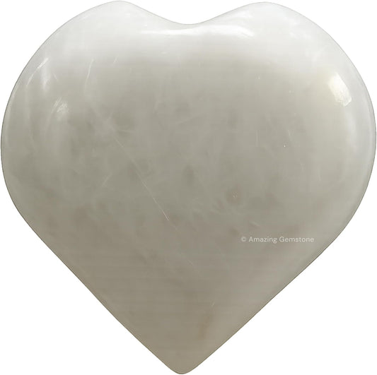 Amazing Gemstone Snow Quartz White Agate Crystal Heart Palm Stone - Pocket Massage Worry Stone for Natural Body Chakra Balancing, Reiki Healing and Crystal Grid