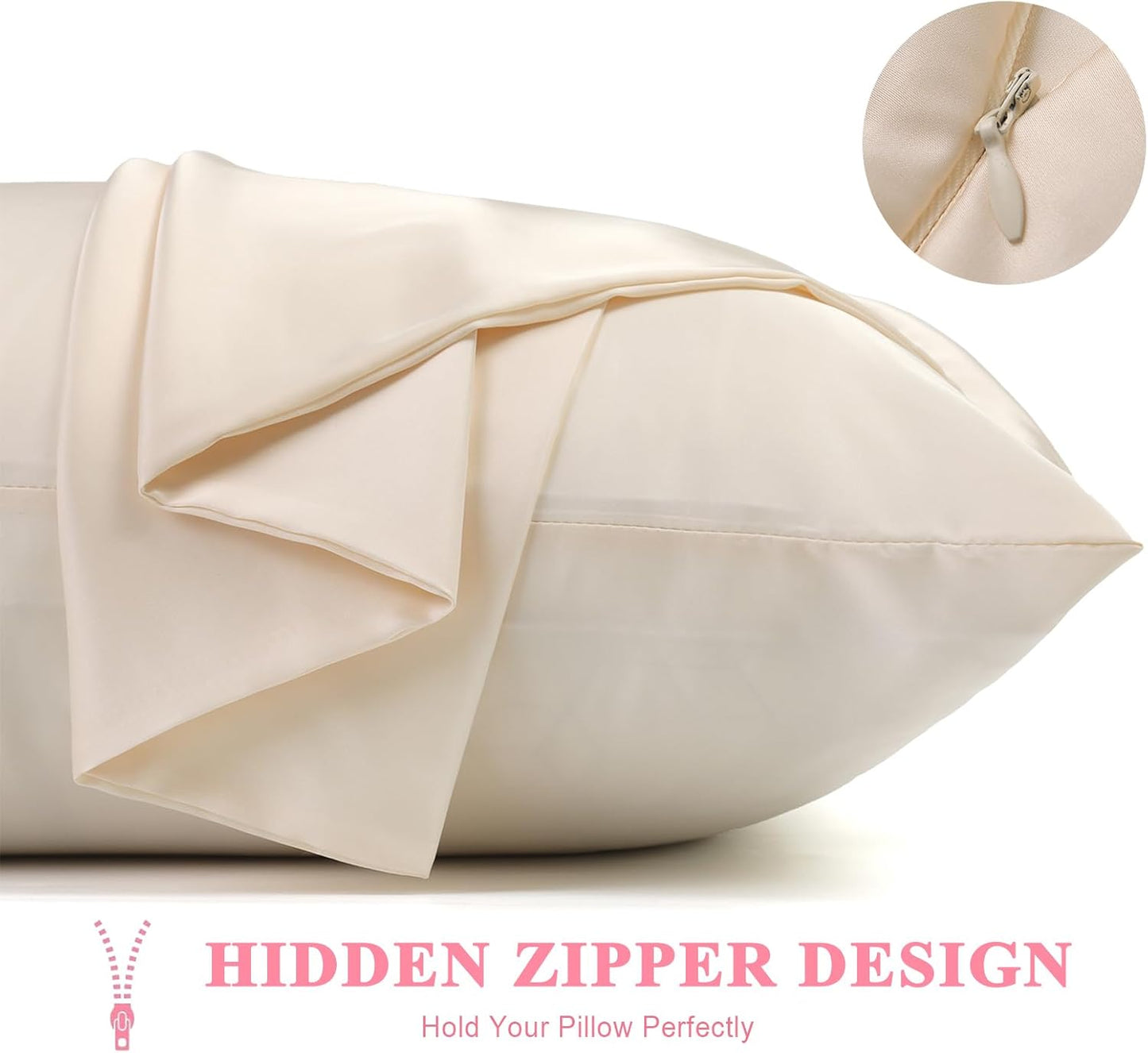 100% Silk Pillowcase 2 Pack for Hair and Skin, Both Sides 23 Momme Grade 6A+ Mulberry Silk Pillowcases with Hidden Zipper, Soft&Smooth Cooling Pillow Cases (Beige, King 20×36)