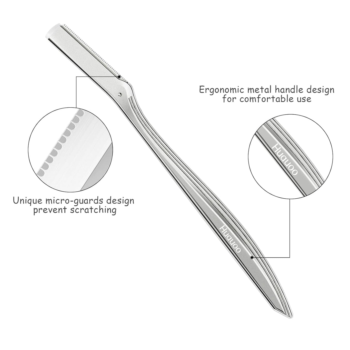 Dermaplane Razor for Women Face, Stainless Steel Handle with 6 Replaceable Blades, Huauoo Face Razors for Women, Peach Fuzz Remover, Eyebrow Trimmer, Dermaplaning Tool for Face Exfoliation (Silver)