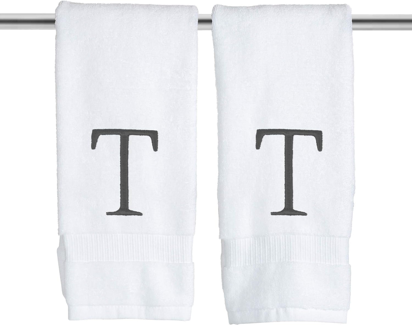 Dark Gray and White Bathroom Hand Towel - Monogrammed Luxury Hotel Quality Decorative Embroidered Towel for Powder Room, Spa - GOTS Organic Certified - Pack of 2, Letter T