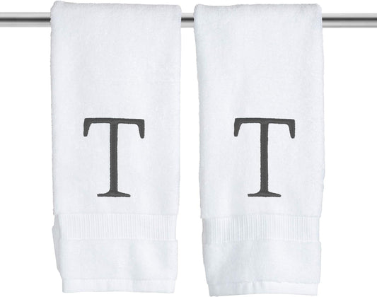 Dark Gray and White Bathroom Hand Towel - Monogrammed Luxury Hotel Quality Decorative Embroidered Towel for Powder Room, Spa - GOTS Organic Certified - Pack of 2, Letter T