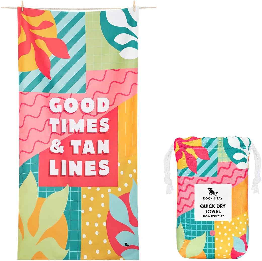 Dock & Bay Beach Towel - Quick Dry, Sand Free - Compact, Lightweight - 100% Recycled - Includes Bag - Good Times & Tan Lines - Large (160x90cm, 63x35)