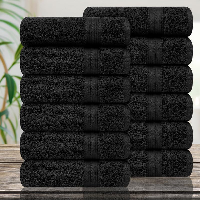 Ample Decor Hand Towel 18 X 28 Inch Pack of 12 600 GSM 100% Cotton, Soft Absorbent Thick Durable Premium Quality, for Hotel, Bathroom, Spa, Daily Use, Gym - Machine Washable - Black