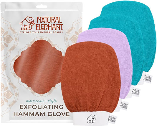 Natural Elephant Exfoliating Kessa Glove - Face and Body Exfoliator Hammam Mitt (2 Teal, Orange and Lilac (Pack of 4))