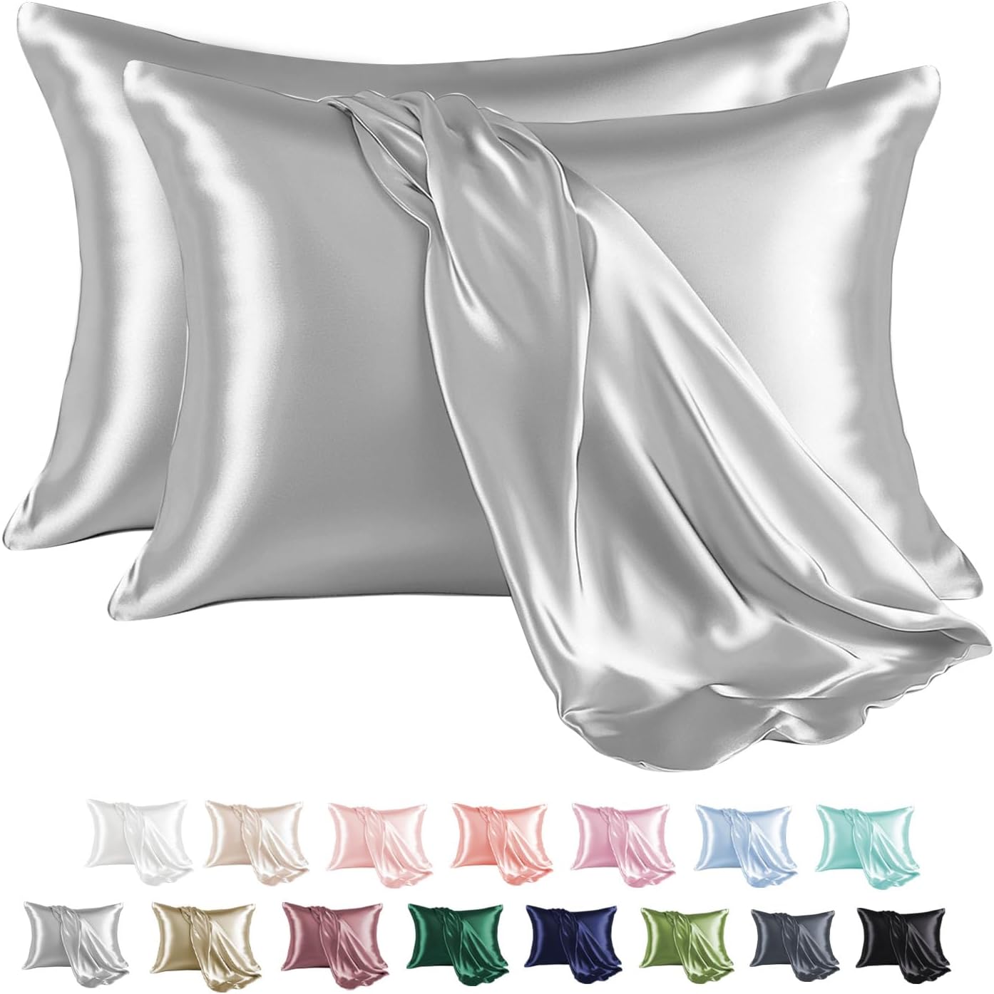 MR&HM Satin Pillowcase for Hair and Skin, Silk Satin Pillowcase 2 Pack, King Size Pillow Cases Set of 2, Silky Pillow Cover with Envelope Closure (20x36, Silver Grey)