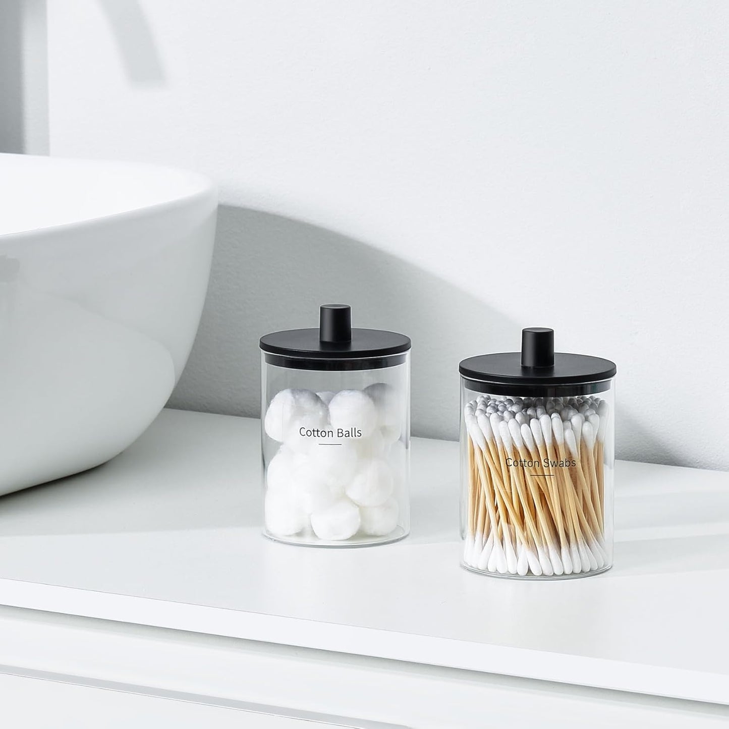 TIPGO Glass Qtip Holder Dispenser for Bathroom - 10 oz Clear Canister Apothecary Jar for Cotton Swabs, Balls, Pads, Floss Picks, Small Containers for Makeup Storage Organizer (2 Pack, Black)