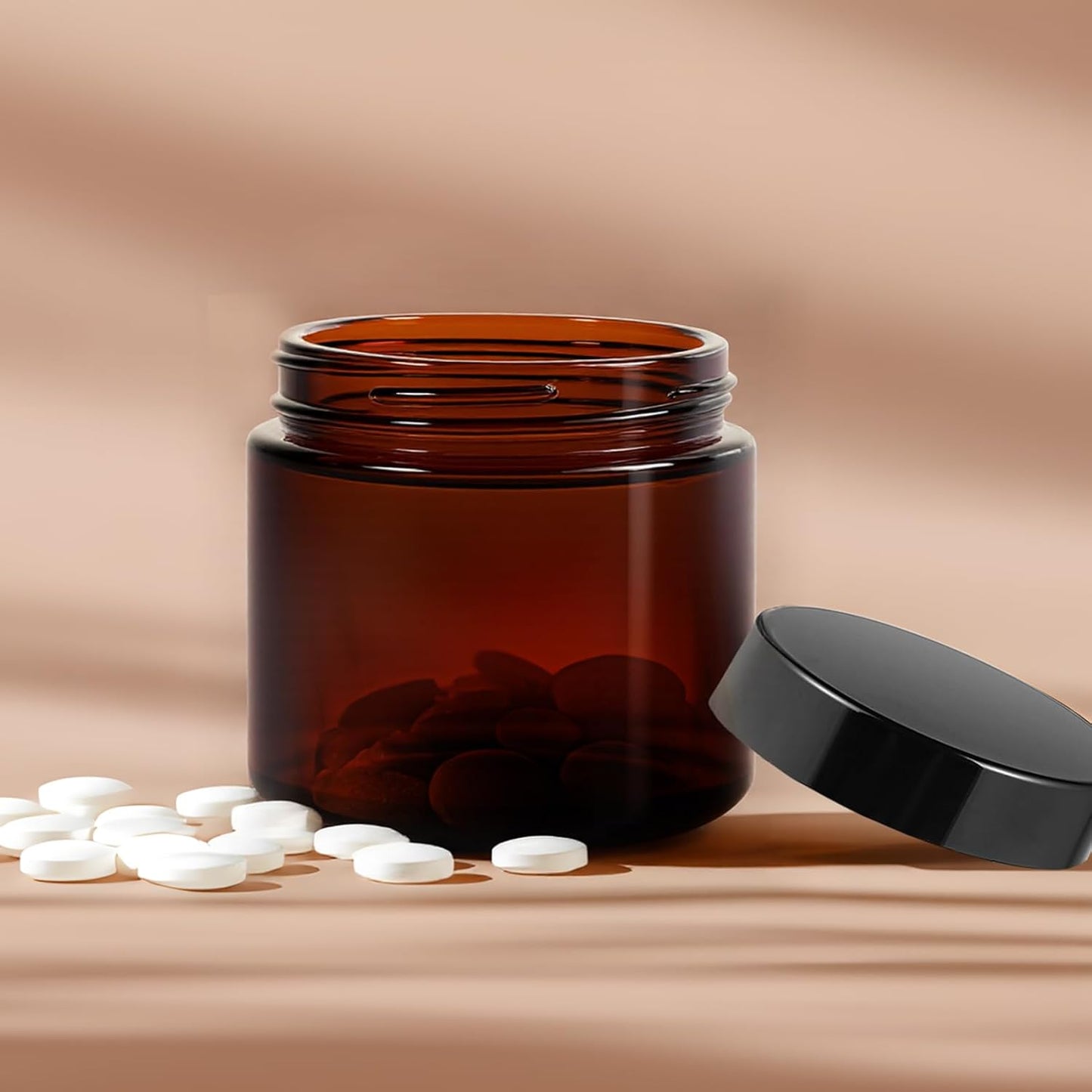 2oz Jars with Lids, HOA Kinh 3 Pack Amber Glass Jars with Lids Empty Cosmetic Containers Round Airtight Glass Jar with Black Lid for Storing Lotions Powders Ointments