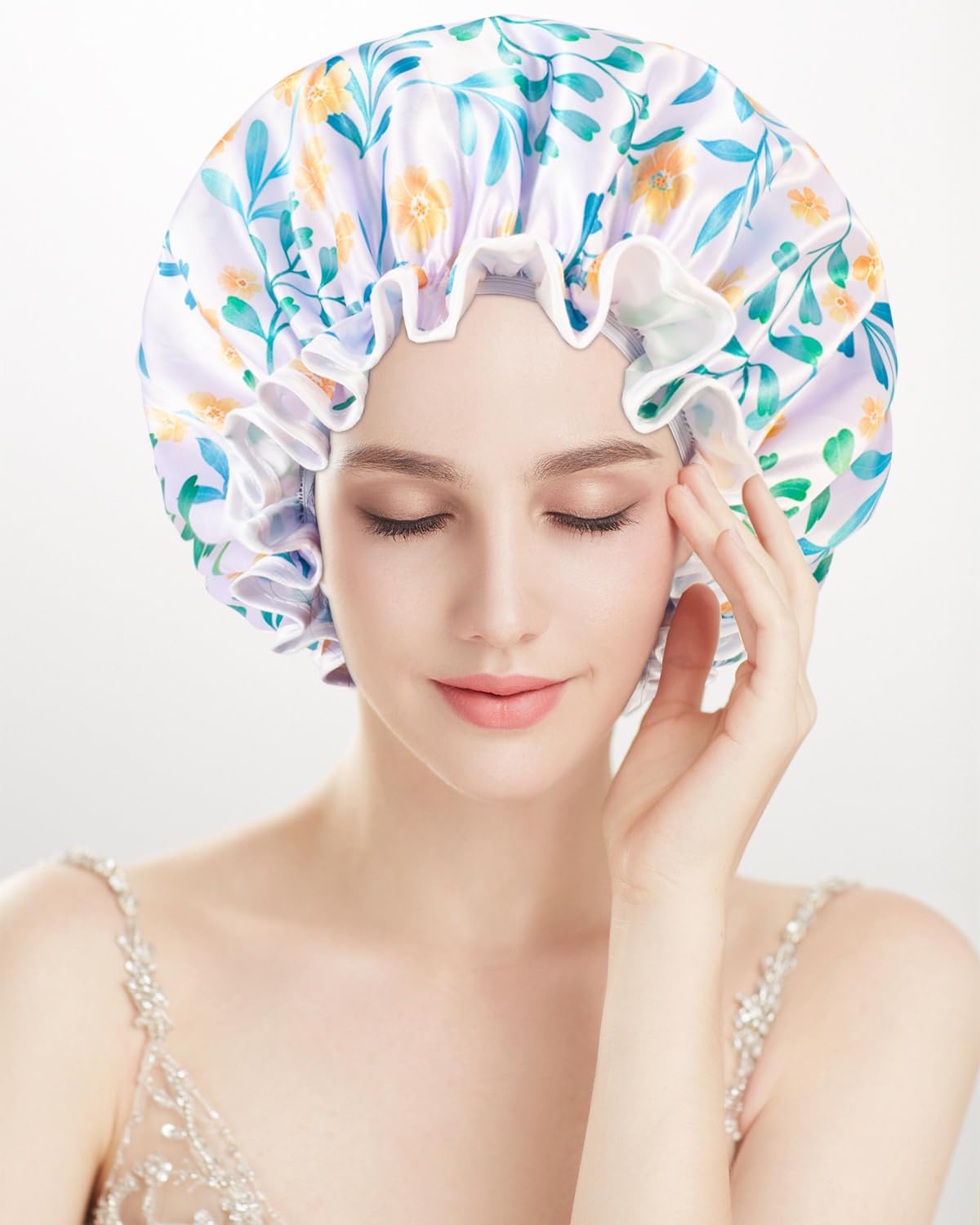 Aquior Shower Cap for Women, Reusable Shower Caps Double Layer Waterproof Womens Girls Adult Hair Cap for all Hair Lengths with EVA Lining, Soft Shower Caps for Long Thick Hair