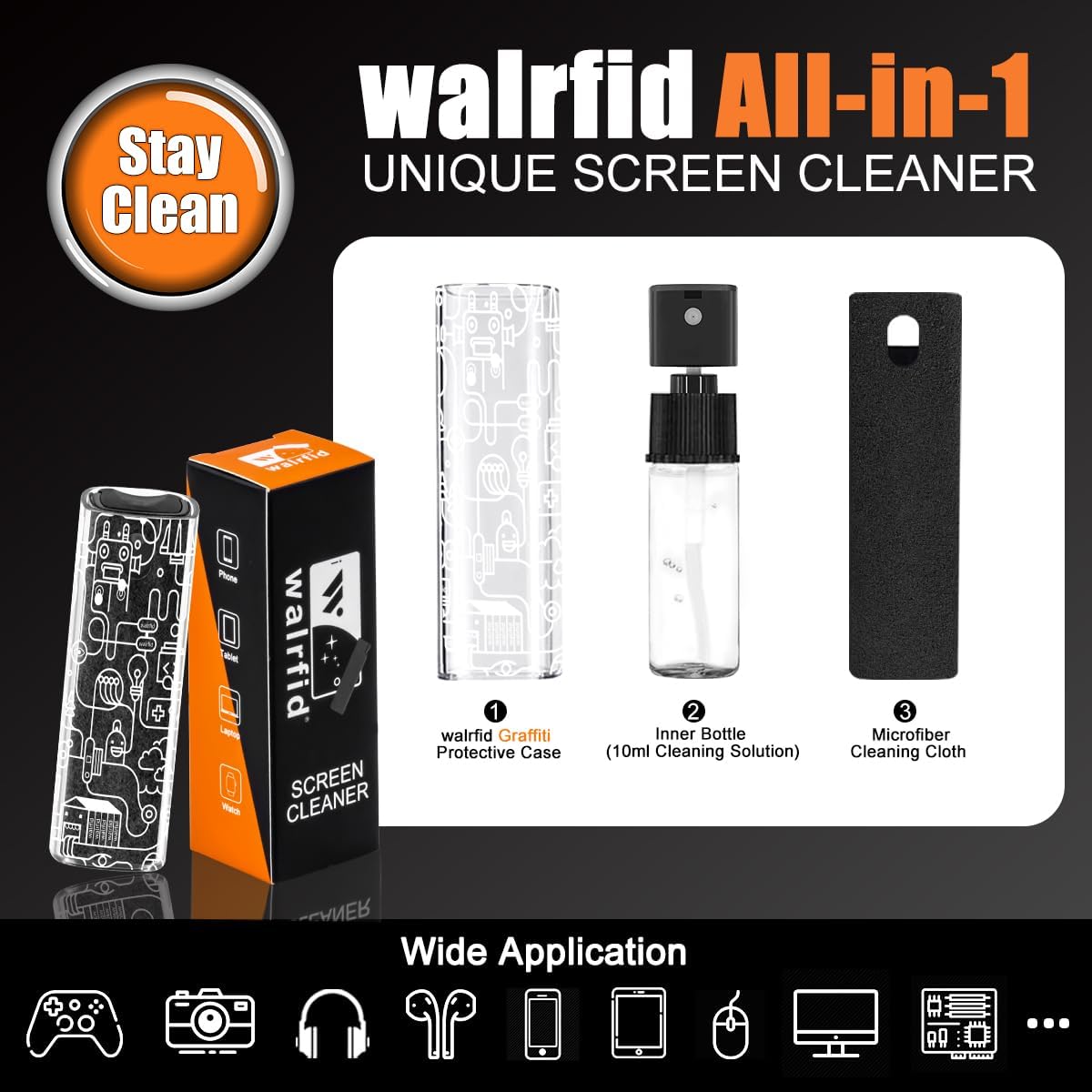 walrfid Computer Screen Cleaner Spray, Car Touchscreen Mist Cleaning Kit for Electronic Laptop, iPad, iPhone, Smart Phone, MacBook Pro, TV Monitor, Tablet, Car Display,with White Graffiti Case - Black