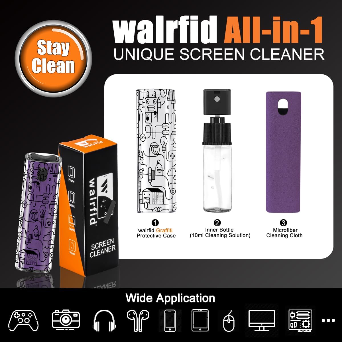 walrfid Car Screen Cleaner, Computer Screen Cleaner Spray and Wipe, Laptop Cleaning Mist Kit for Electronic iPad, iPhone, Phone, MacBook, TV, Monitor Display, with Black Graffiti Case - Purple