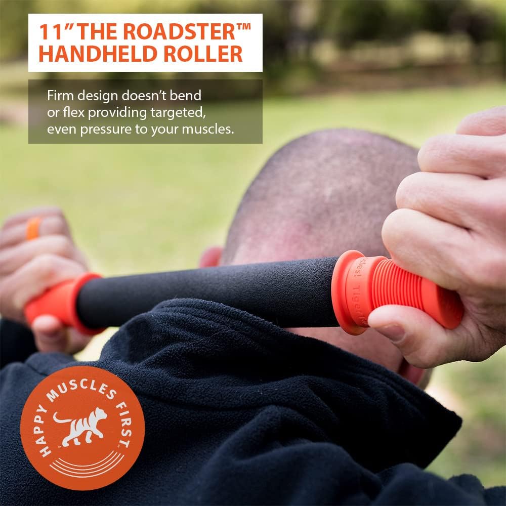 Tiger Tail 11in Massage Stick Portable Roller, Handheld, Deep Tissue Foam Roller for Legs, Neck, Calves, Thighs, Shins & Back, The Roadster 11, Made in USA, Orange Black