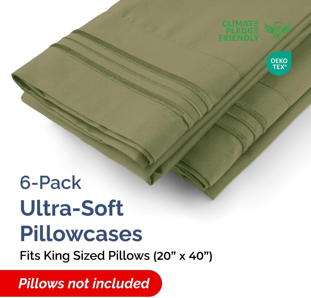 King Pillow Cases Set of 6 - Ultra Soft Hotel Quality Pillowcase Covers - Comfy. Cozy & Wrinkle Free - Shrink, Stain and Fade Resistant - Machine Washable Pillow Protectors - 6 Piece Set - Sage Green