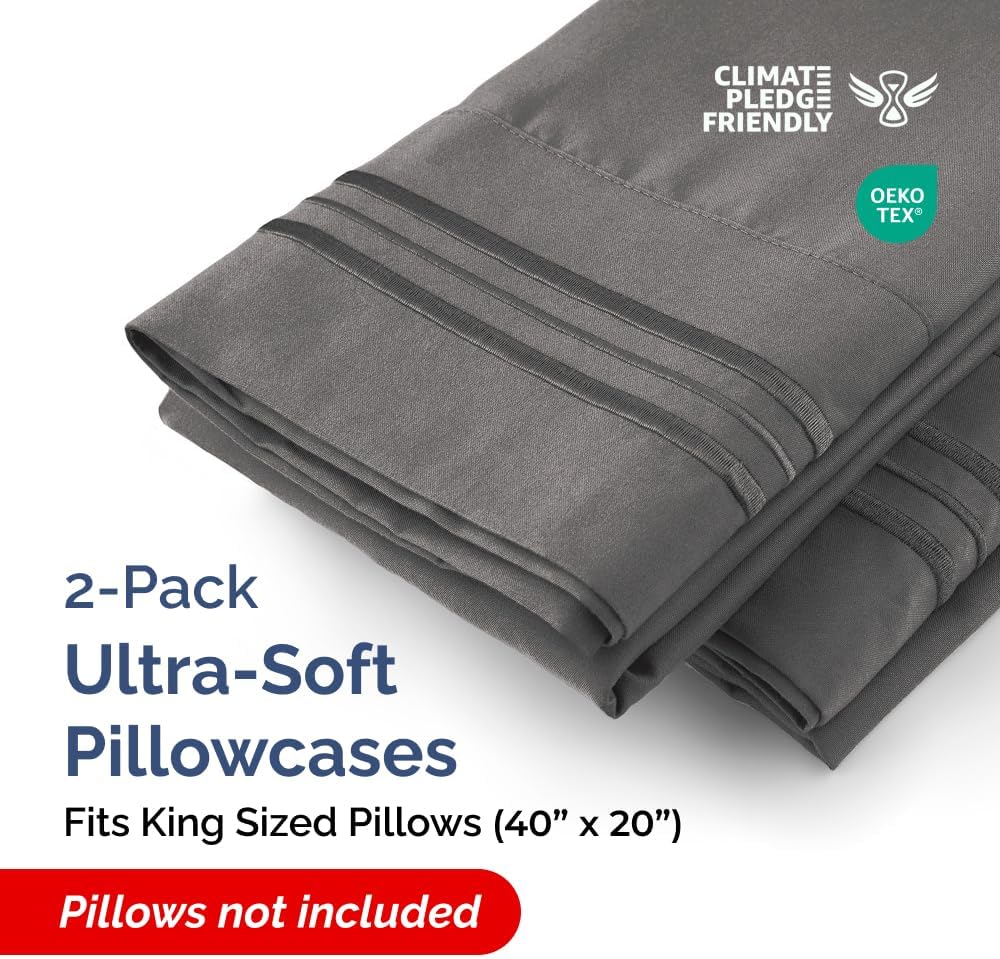 King Pillow Cases Set of 2 - Ultra Soft Hotel Quality Pillowcase Covers - Comfy, Cozy & Wrinkle Free - Shrinkage, Stain and Fade Resistant - Machine Washable Pillow Protectors - 2 Piece Set - Charcoal