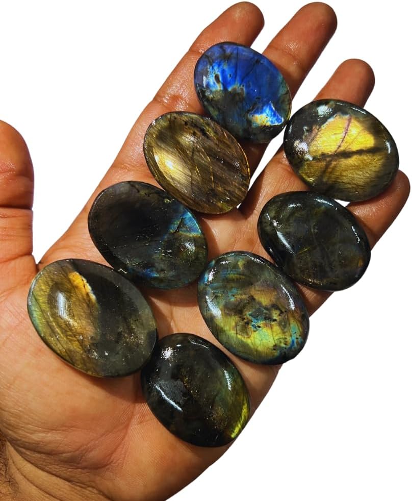 Labradorite Worry Stone 35-40mm – Healing Thumb Crystal for Anxiety & Stress Relief – Palm Meditation Stone with Velvet Pouch Gift for Men & Women