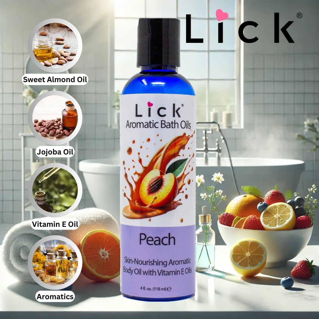 LICK Peach Aromatic Bath Oil; Natural Ingredients Blend of Sweet Almond Oil, Vitamin E, Jojoba Oil for Skin; Relaxing Aromatherapy Gifts for Women; Paraben Free, Made in USA