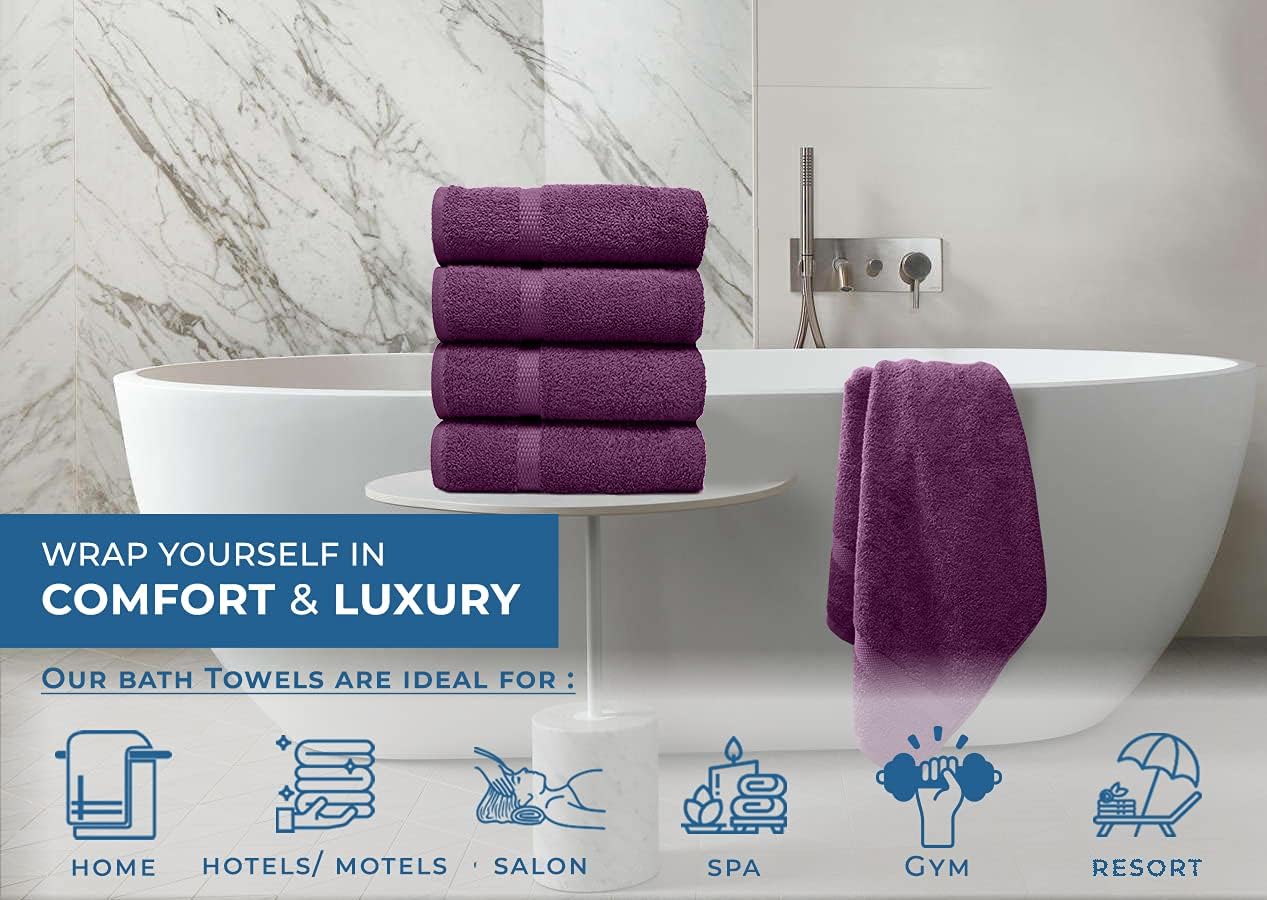 DAN RIVER Bath Towels Set of 4, 27 x 54 Inches, 100% Cotton, Larger & Lighter Weight, Quicker to Dry, Super Soft and Absorbent, Ideal Quick Dry Bath Towel for Daily Use, Purple