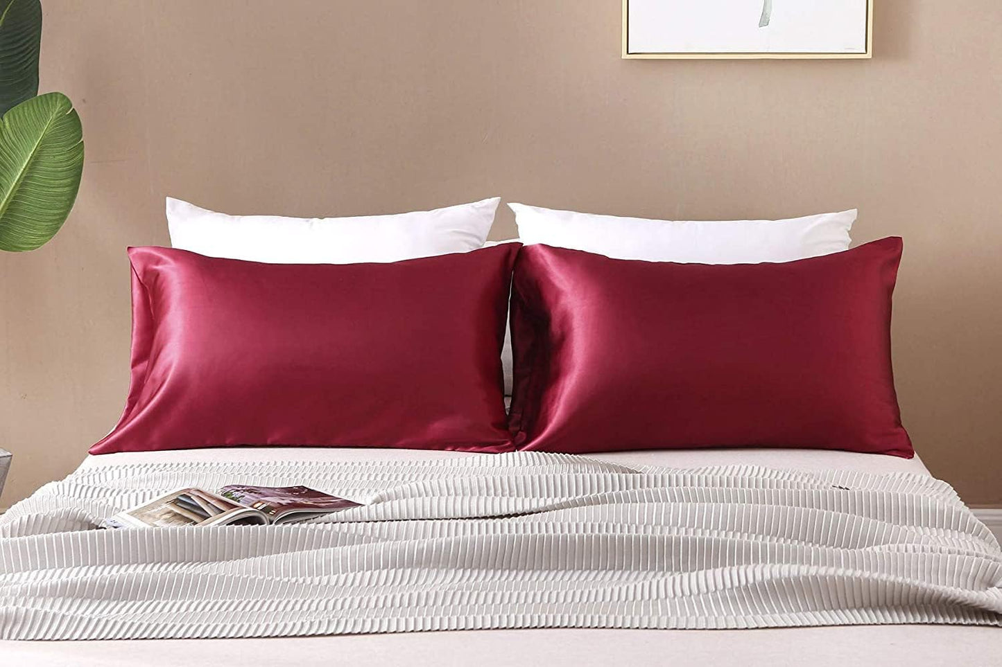 Juwenin Bedding,Luxury Satin Pillowcase with Zipper (Silky Satin Pillow Case for Hair) Set of 2 (Burgundy, Queen(20''x29''))
