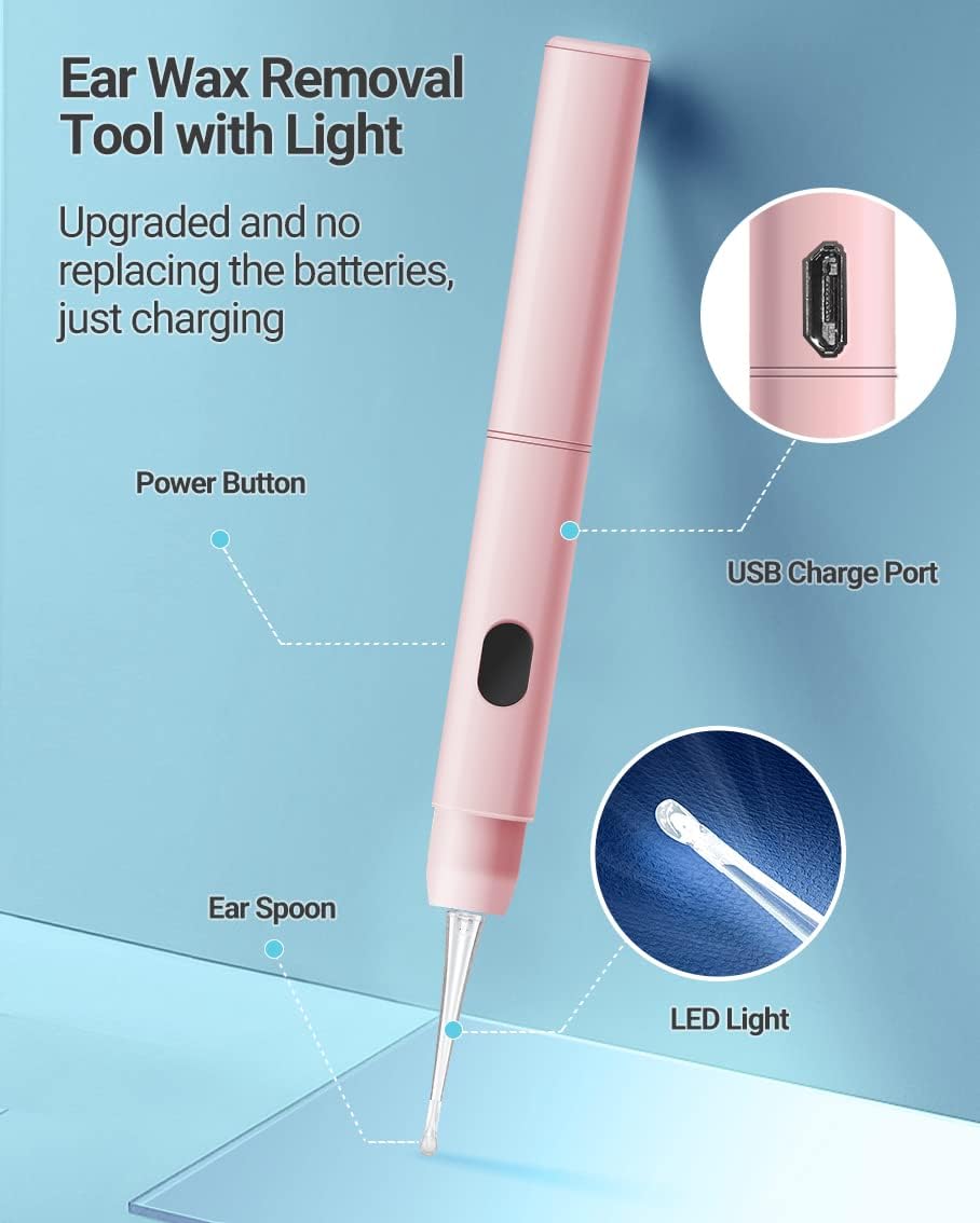 Ear Wax Removal with Light, Earwax Removal Kit Upgraded All in One Rechargeable Ear Cleaning Kit with Light/Ear Pick Digger/Ear Tweezers/Spiral Spring Ear Spoon for Adults Kids and Pets (Pack of 7)