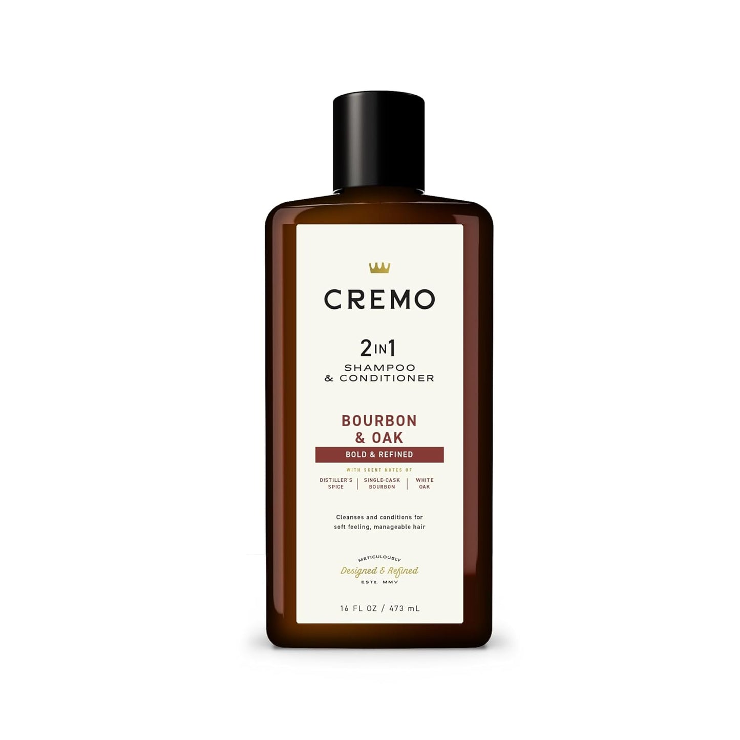 Cremo Bourbon & Oak 2-in-1 Shampoo & Conditioner, Barber Grade Quality That Moisturizes and Cleanses All Hair Types, 16 Fluid Ounce