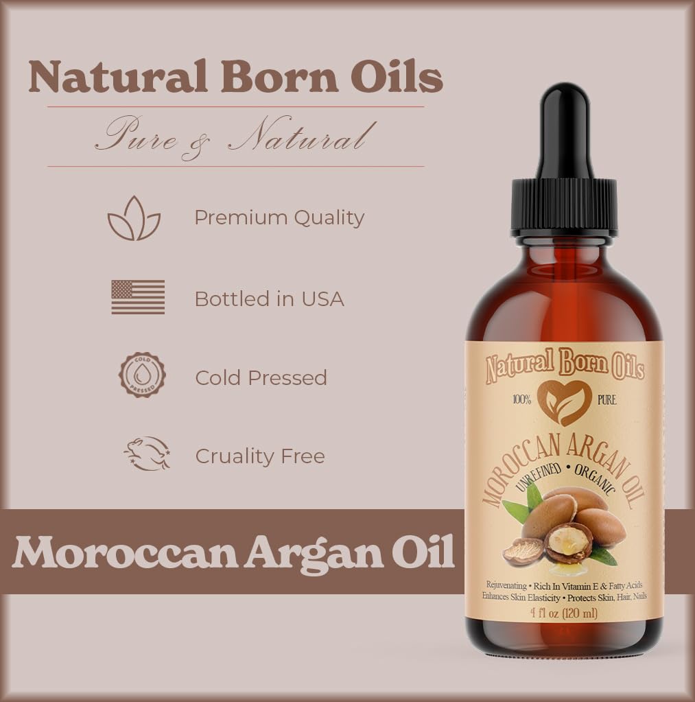 Natural Born Oils Moroccan Argan Oil, 16oz, Organic, Cold-Pressed, Vitamin E & Antioxidants, Deep Skin Hydration, Hair Strengthener
