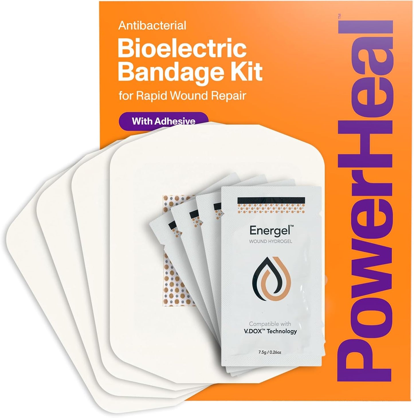 PowerHeal Bioelectric Bandage Kit for Wound Care & Fast Healing – 3-Layers w/Bioelectric Pad, Absorbent Pad, Adhesive + Wound Hydrogel – for Cuts, Abrasions, Blisters, Burns – 4-Pack, 4” x 4”
