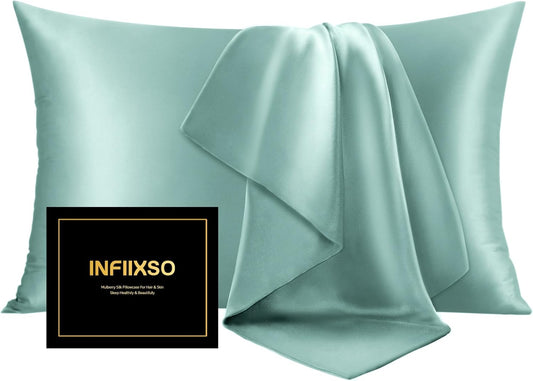 INFIIXSO Mulberry Silk Pillowcase for Hair and Skin, Silk Pillow Cases Queen Size Set of 2 with Hidden Zipper 20"x30", Ultra Smooth and Soft Cooling Pillow Cases for Hot Sleepers(ICY Morn, 2 Pack)