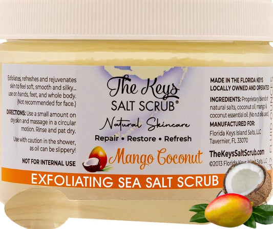 The Keys Salt Scrub -Sea Salt Scrub - Exfoliating Body Scrub with Wooden Spoon - Moisturizing Exfoliator for Hands, Foot, Bath, (12 Ounce (Pack of 1), Mango Coconut)