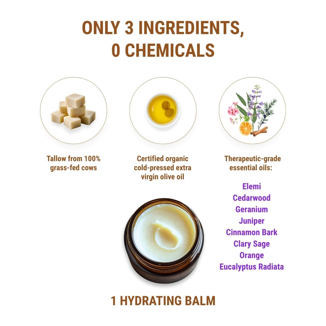 Vintage Tradition Beef Tallow All Purpose Balm - Healing, Hydrating Spice Oils Skin Care Salve Replaces Body Lotion, Hand Cream, More - Essential Oil, Olive Oil, and Grass-Fed Tallow, 2 fl. oz.