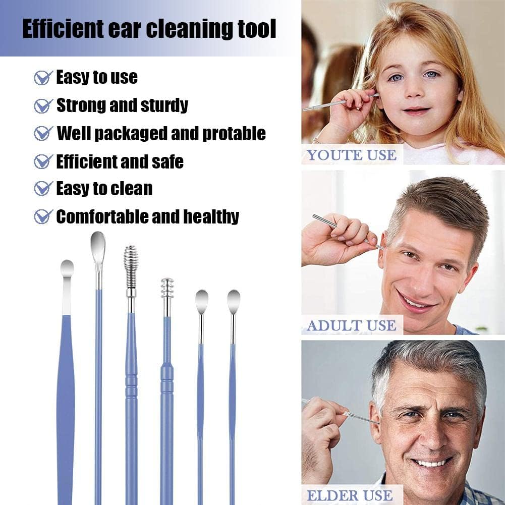 6 Pcs Ear Pick Ear Wax Removal Kit, Ear Cleansing Tool Set, Ear Curette Cleaner, 360° Spiral Design Ear Canal Cleaner Stainless Steel, with a Storage Box Portable Kit for Home and Travel(Blue)