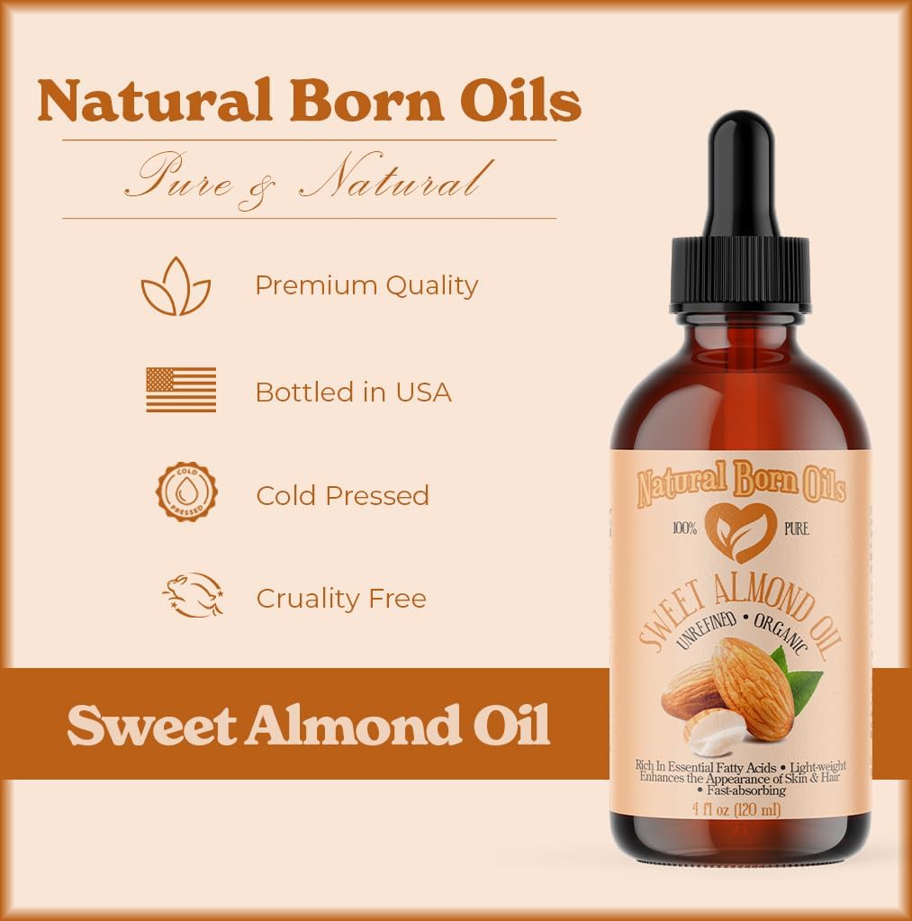 Sweet Almond Oil, 1 Gallon, Organic, Cold-Pressed, Nutrient-Rich, Excellent for Soft Skin, Lustrous Hair. Natural Born Oils.