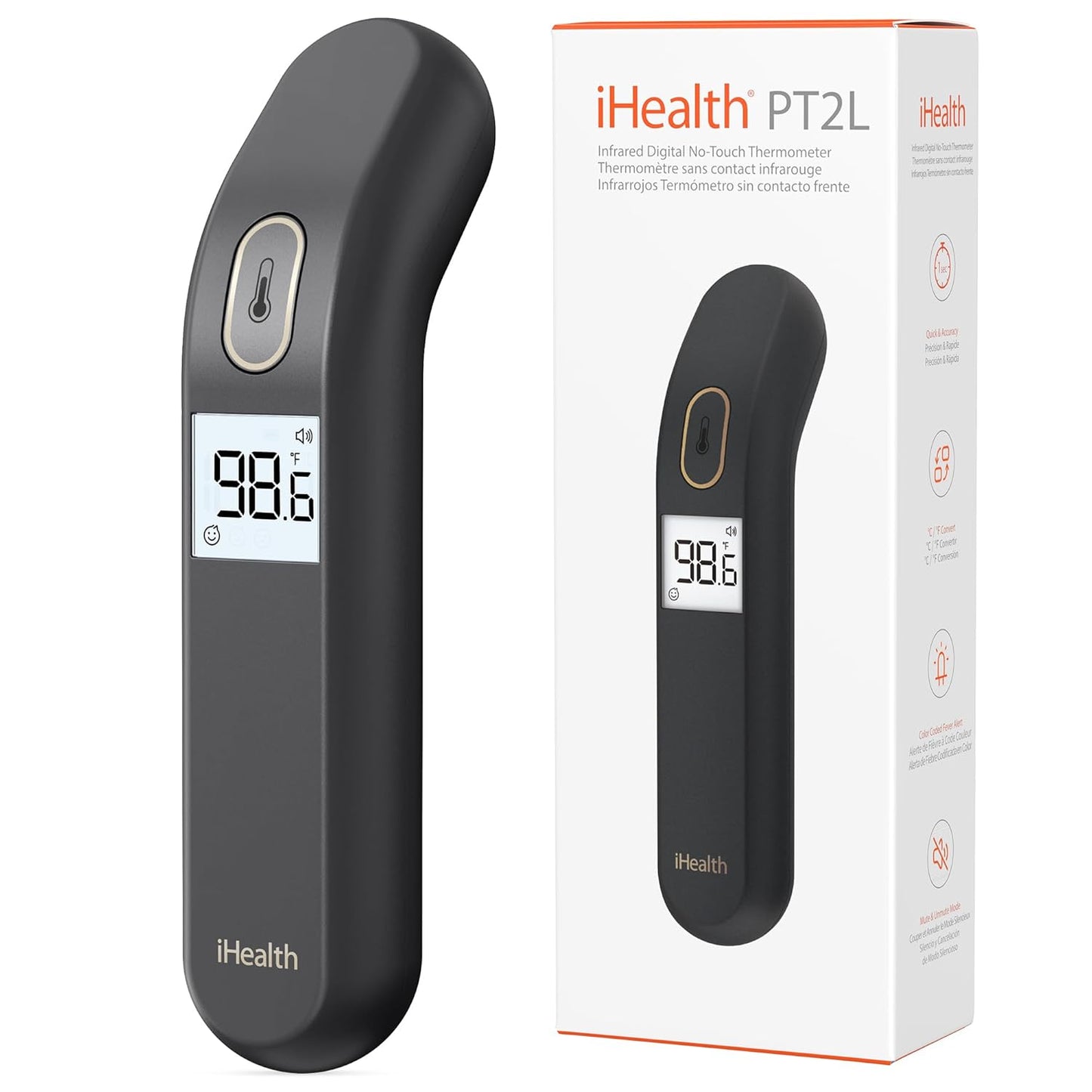iHealth Touchless Thermometer for Adults and Kids, Color-Coded Alert & Silent Mode, 1-Second Accurate Fever Check, Portable for Home, Travel Use - PT2L Black