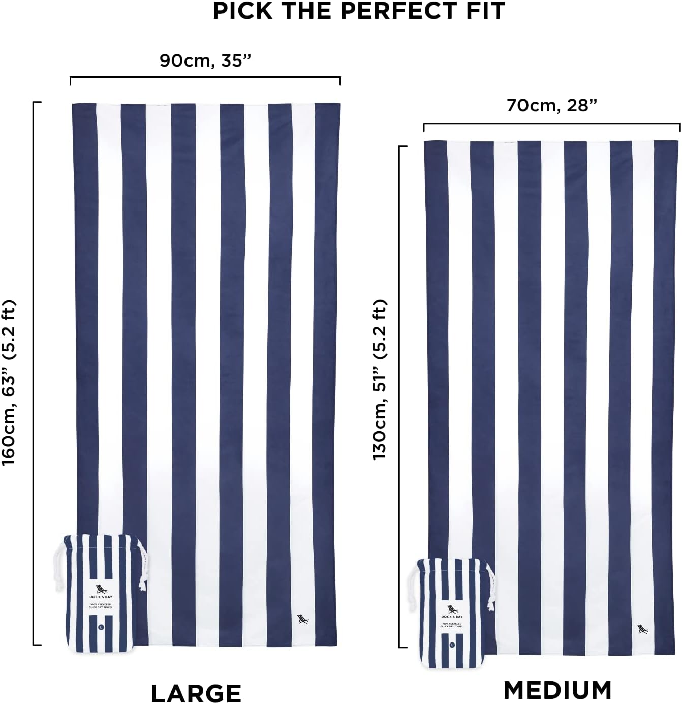 Dock & Bay Beach Towel - Quick Dry, Sand Free - Compact, Lightweight - 100% Recycled - Includes Bag - Cabana - Whitsunday Blue, Medium (130x70cm, 51x27)