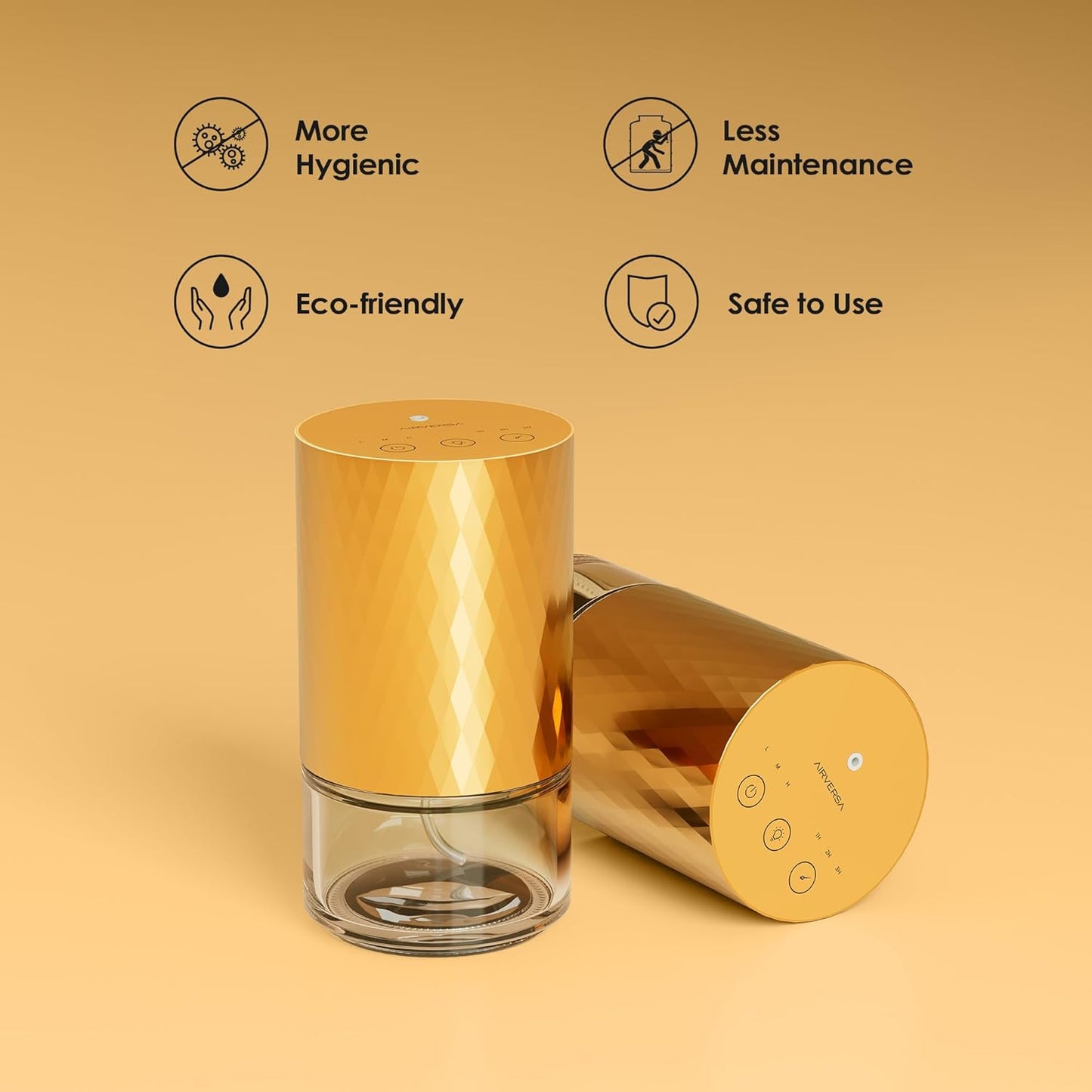 Airversa Waterless Diffuser Essential Oil 100ml Capacity Scent Air Machine for Home Aromatherapy Premium Metal Nebulizer Battery Operated 3 Mist Settings Timers Color Light AN5(Gold)