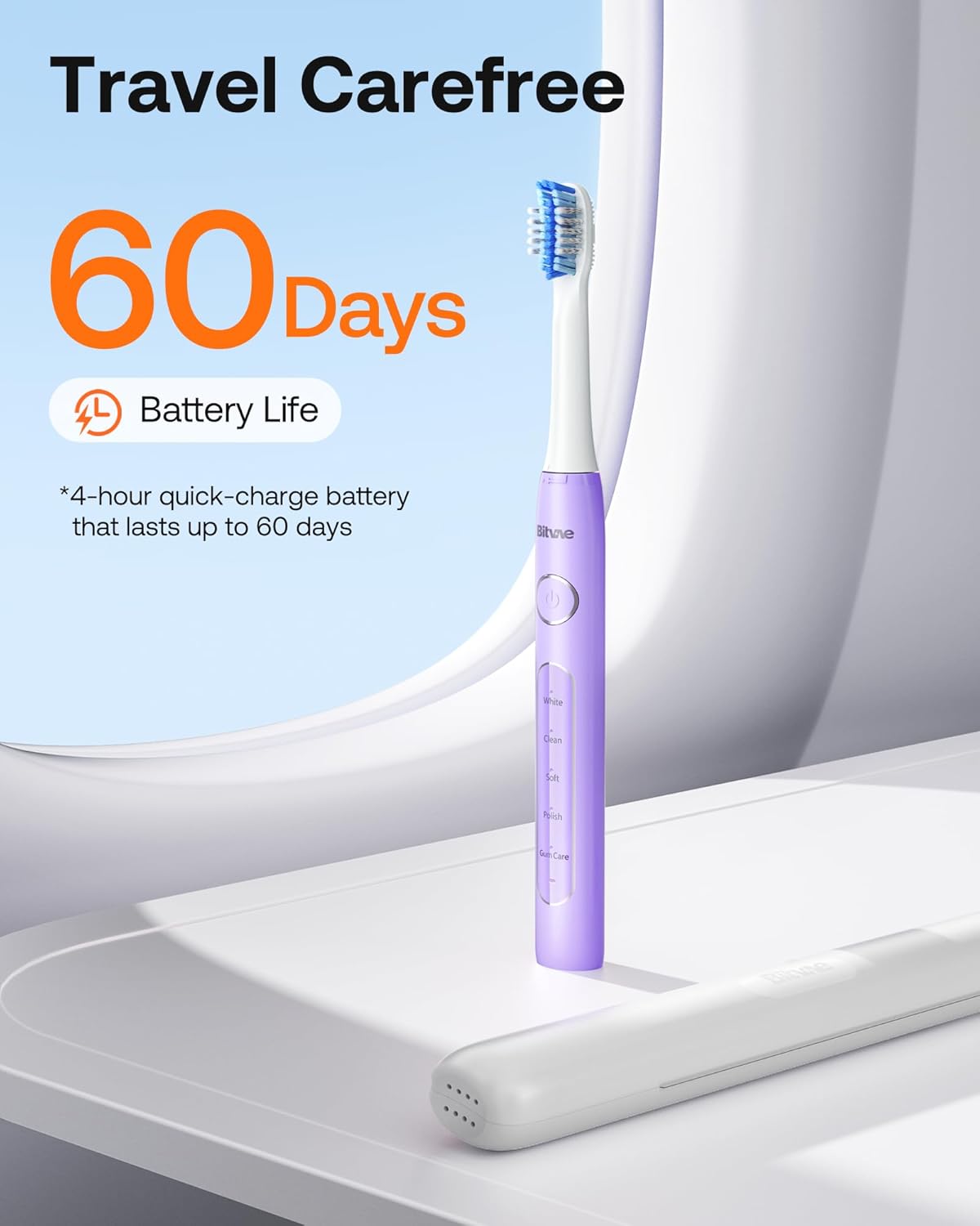 Bitvae Ultrasonic Electric Toothbrush for Adults and Kids, ADA Accepted Travel Toothbrush with Rechargeable 60-Day Battery Life, 5 Modes, 8 Heads, Case, Holder, Purple