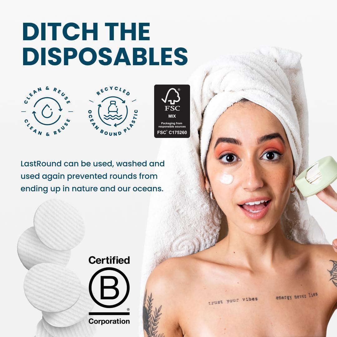 LastRound® Sustainable Reusable Cotton Rounds for Facial Cleansing – Zero-Waste Eco-Friendly Makeup Remover Pads for All Skin Types with Travel Storage Case
