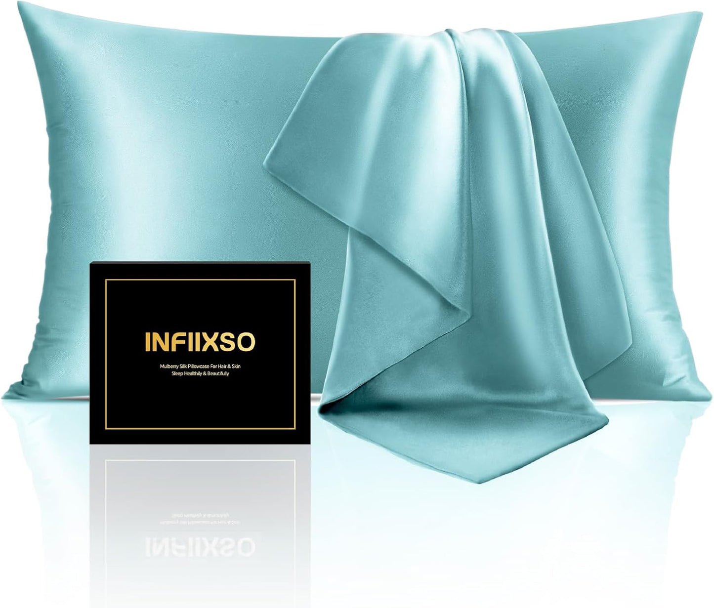 INFIIXSO Mulberry Silk Pillowcase for Hair and Skin, Silk Pillow Cases Queen Size Set of 2 with Hidden Zipper 20"x30", Ultra Smooth and Soft Cooling Pillow Cases for Hot Sleepers(Ocean Mist, 2 Pack)