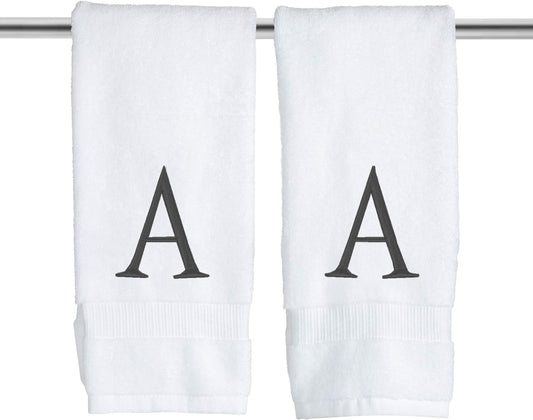 Dark Gray Monogrammed Hand Towels for Bathroom - Luxury Hotel Quality Personalized Initial Decorative Embroidered Towel for Powder Room, Spa - GOTS Organic Certified - Set of 2 Letter A