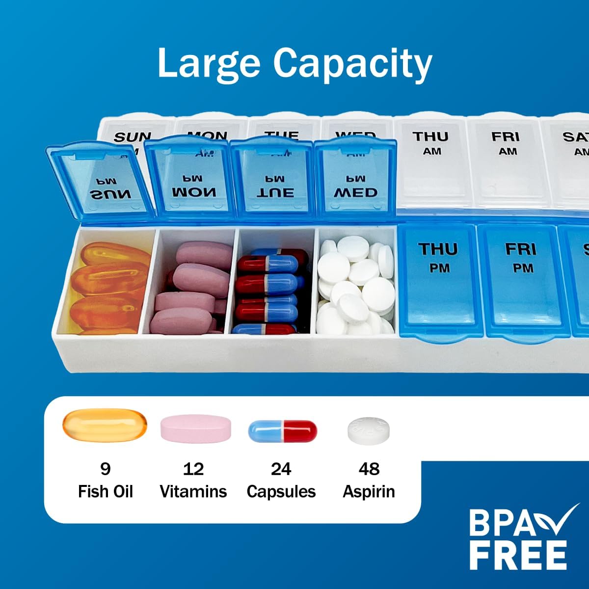 Amazon Basic Care (7-Day) AM/PM Pill Organizer, Vitamin Case, and Medicine Box, Large Compartments, 2 Times a Day, Blue and Clear Lids (Pack of 2)