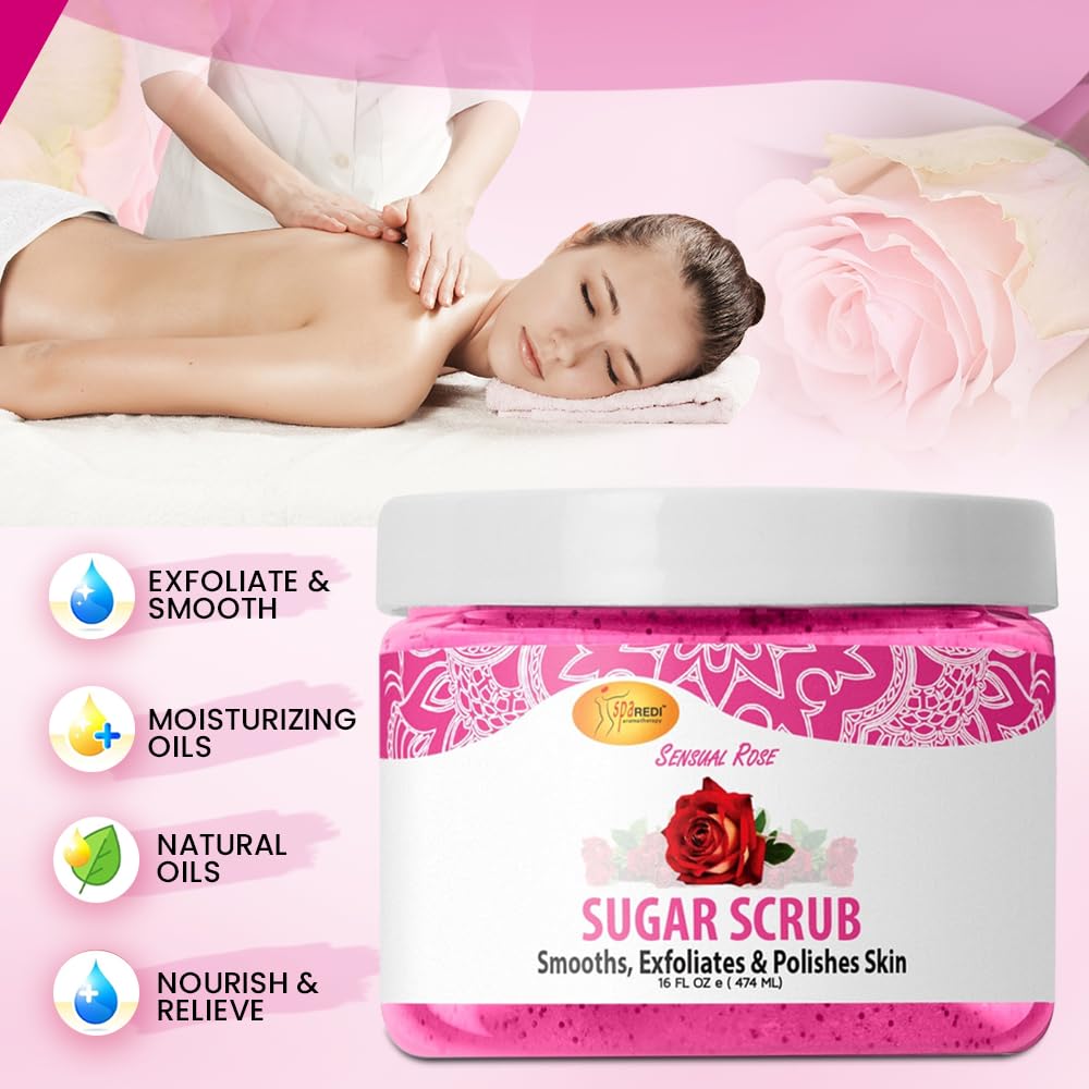 SPA REDI – Sugar Body Scrub, Sensual Rose, 16 Oz, Exfoliating, Moisturizing, Hydrating and Nourishing, Glow, Polish, Smooth and Fresh Skin - Body Exfoliator