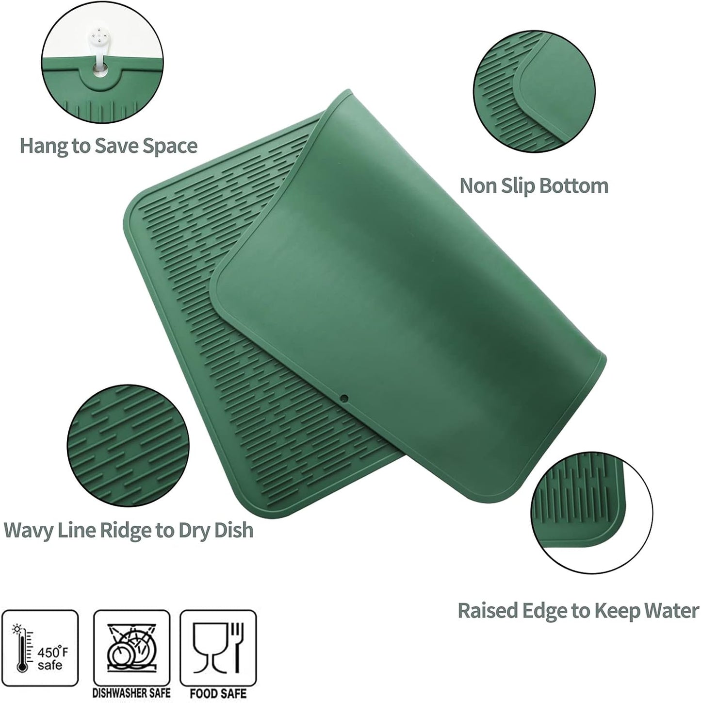 Silicone Dish Drying Mat for Multiple Usage,Easy clean,Eco-friendly,Heat-resistant Silicone Mat for Kitchen Counter or Sink,Refrigerator or Drawer Liner Green 3XL 28 inches x 18 inches