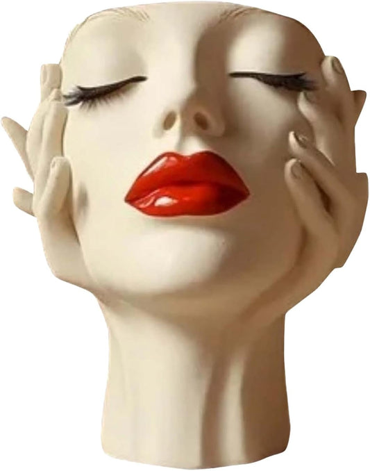 Makeup Brush Organizer, Boho Women Head Shape Sculpture, Modern Desk Decor Pen Holder, White Female Face Vase Bookshelf Decor, Office Shelf Organizer for Vanity, Living Room, Home (Beige 3)