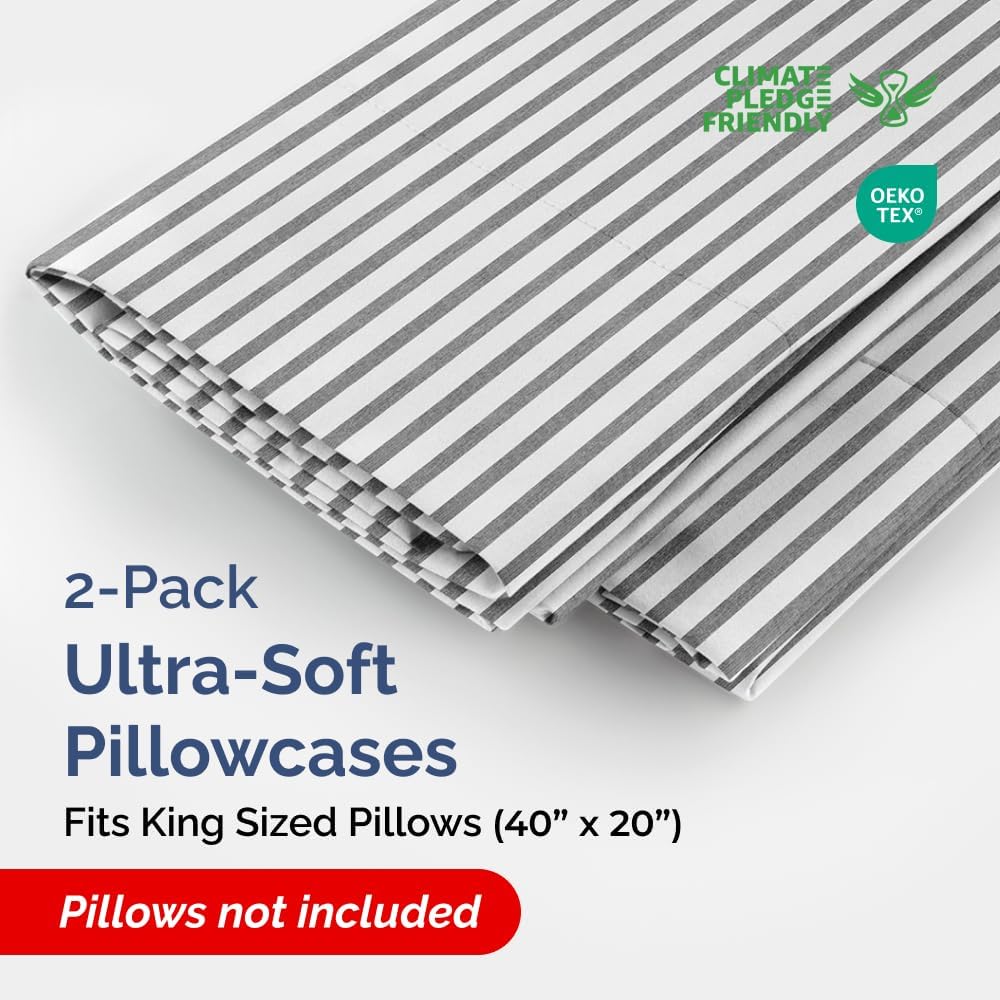 King Pillow Cases Set of 2 - Ultra Soft Hotel Quality Pillowcase Covers - Comfy, Cozy & Wrinkle Free - Shrinkage and Fade Resistant - Machine Washable Pillow Protectors - 2 Piece Set - Grey Stripes 2