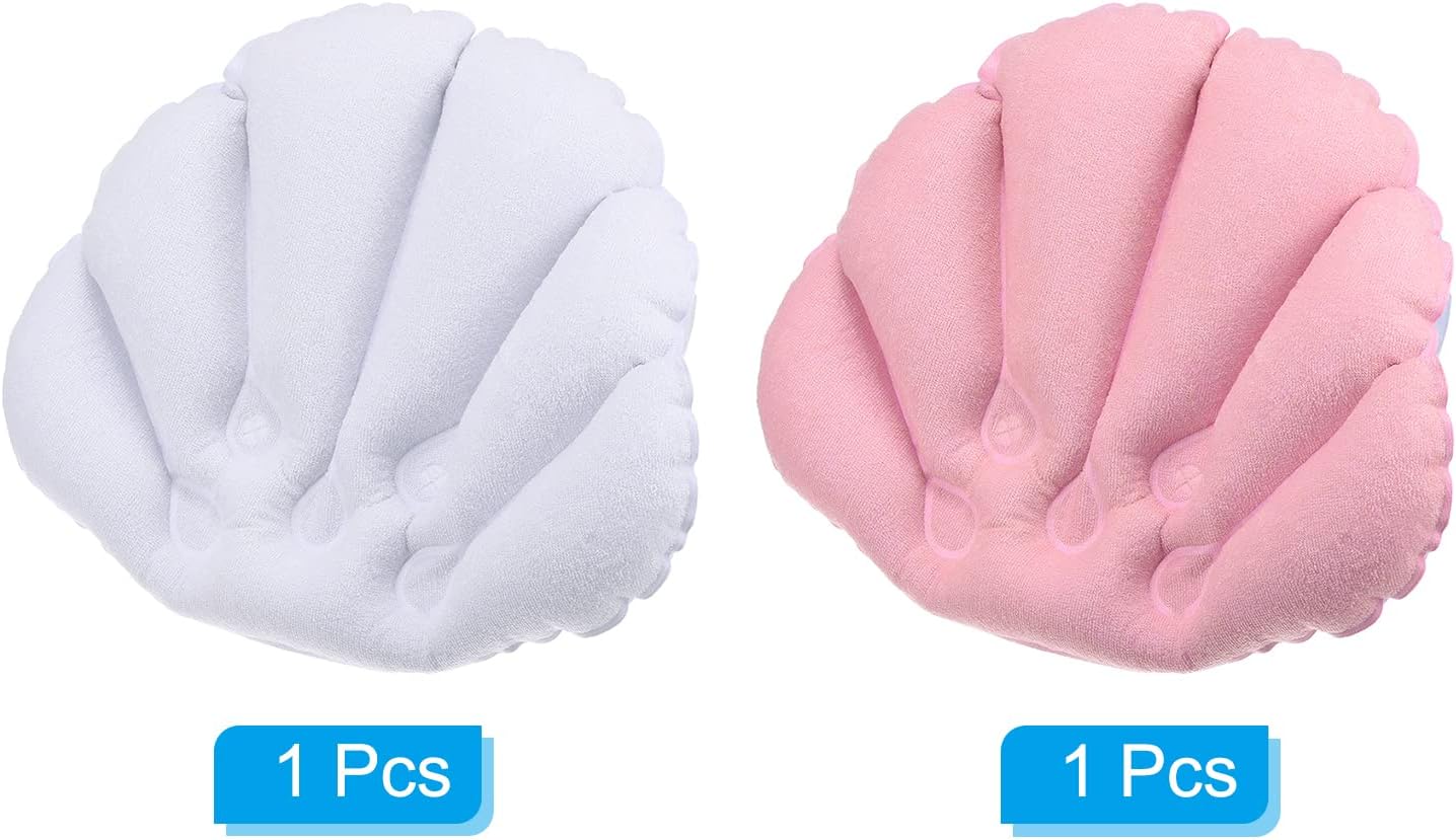 PATIKIL Inflatable Bath Pillow with Suction Cups, 2 Pack Terry Cloth Covered Shell Shape Soft Bath Spa Cushion Neck Support for Bathtub Hot Tub (Pink, White)